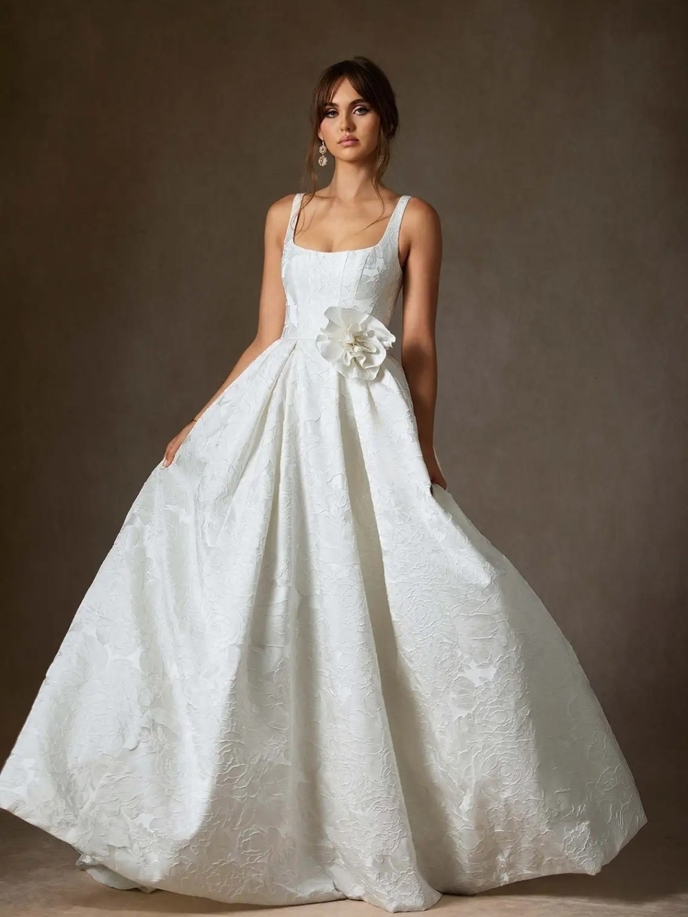 Azazie Ruby Diamond White Ball Gown with Pockets Floral Jacquard Dress